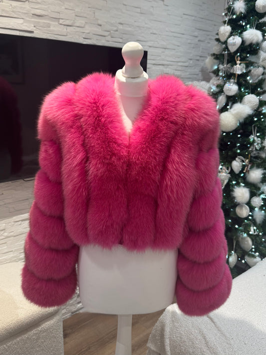 Vertical ‘Hot Pink’ Premium Full Sleeve Fox Fur Coat (10/18 Day Delivery)