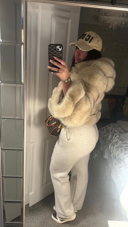 ‘Beige’ Premium Hooded Full Sleeve Fox Fur Coat (10/18 Day Delivery)