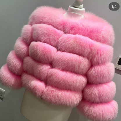 ‘Candy Floss Pink’ Premium 5 Row Cropped Sleeve Fox Fur Coat (10/18 Day Delivery)