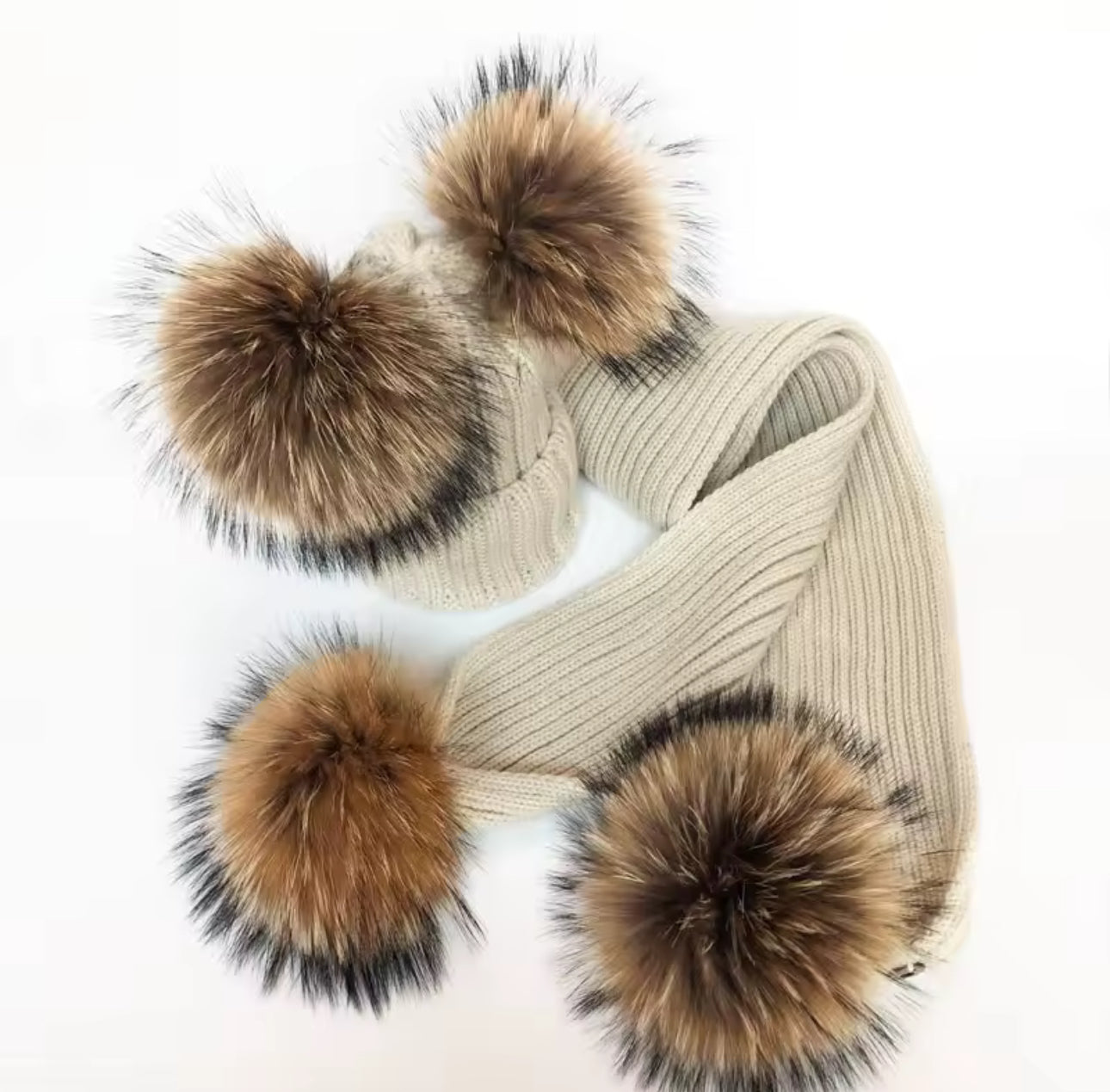 Adults Genuine Raccoon Fur Hat & Scarf Set (1/2 Week Delivery)