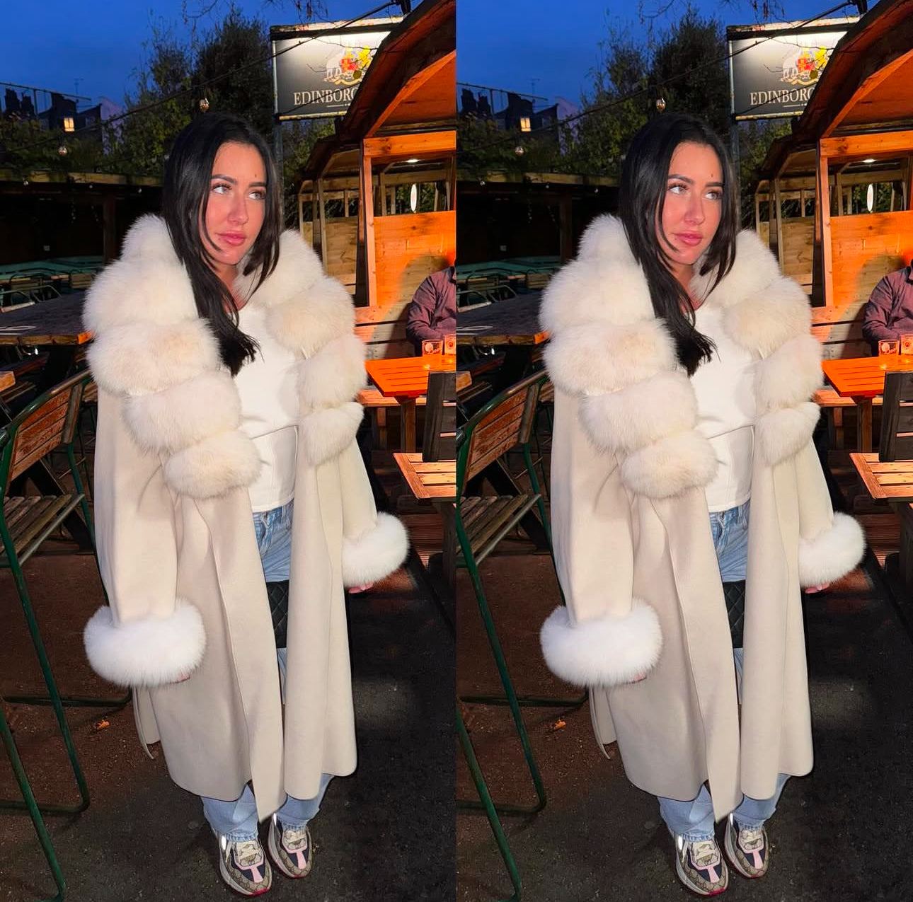 ‘Dolcie’ Cream Long Fox Fur Trim Coat (1/2 Day Delivery)