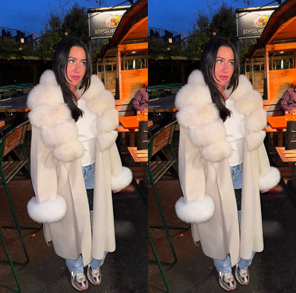 ‘Dolcie’ Cream Long Fox Fur Trim Coat (1/2 Day Delivery)