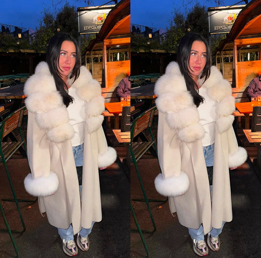 ‘Dolcie’ Cream Long Fox Fur Trim Coat (1/2 Day Delivery)