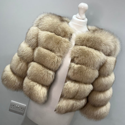 ‘Beige’ Premium 5 Row Cropped Sleeve Fox Fur Coat (10/18 Day Delivery)