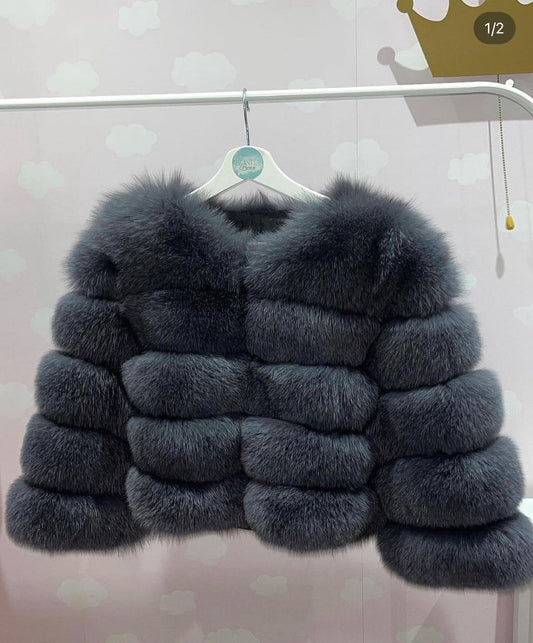 ‘Medium Grey’ Premium 5 Row Cropped Sleeve Fox Fur Coat (10/18 Day Delivery)