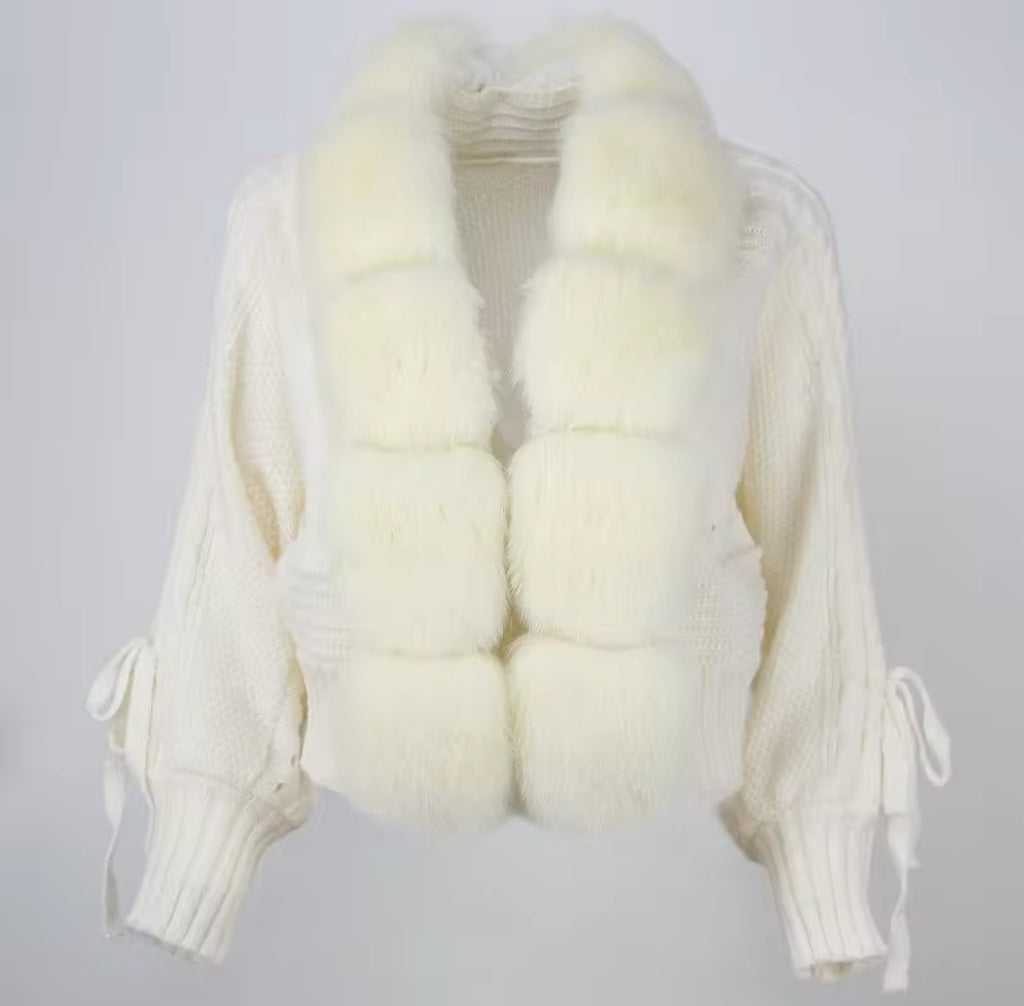 Fox Fur Trim Knitted Cardigan