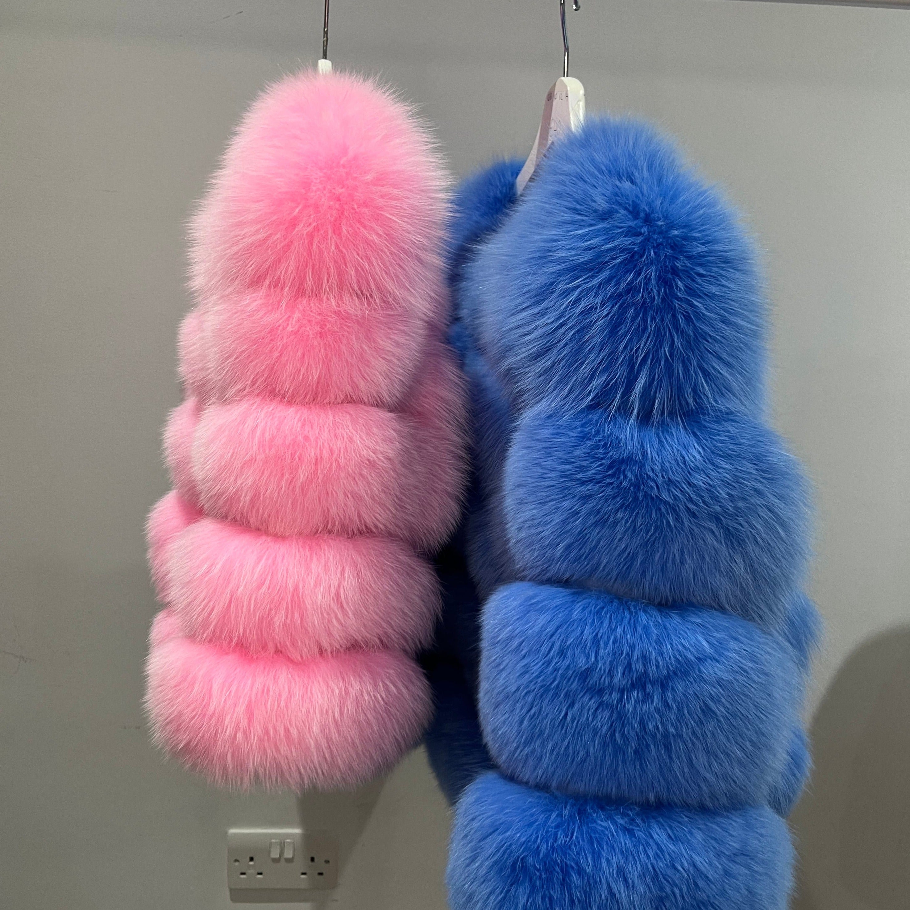 ‘Bubblegum Blue’ Premium 5 Row Cropped Sleeve Fox Fur Coat (10/18 Day Delivery)