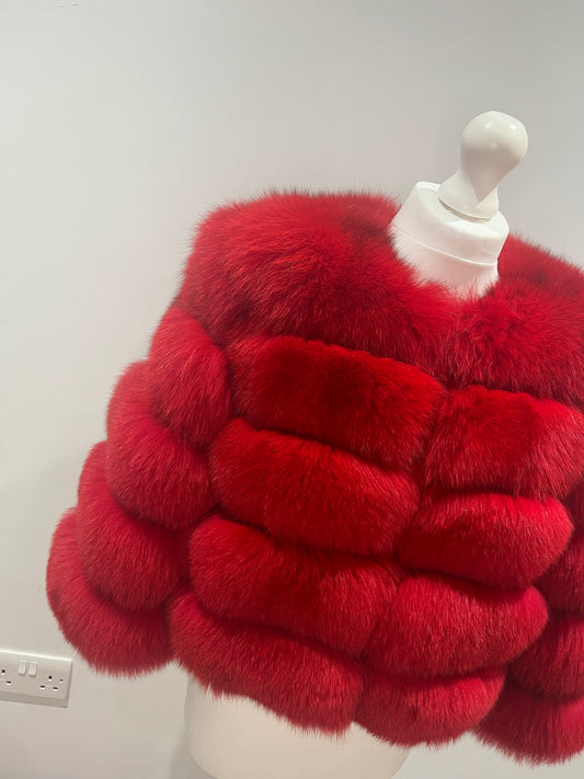 ‘Red’ Premium 8 Row Full Sleeve Fox Fur Coat (10/18 Day Delivery)