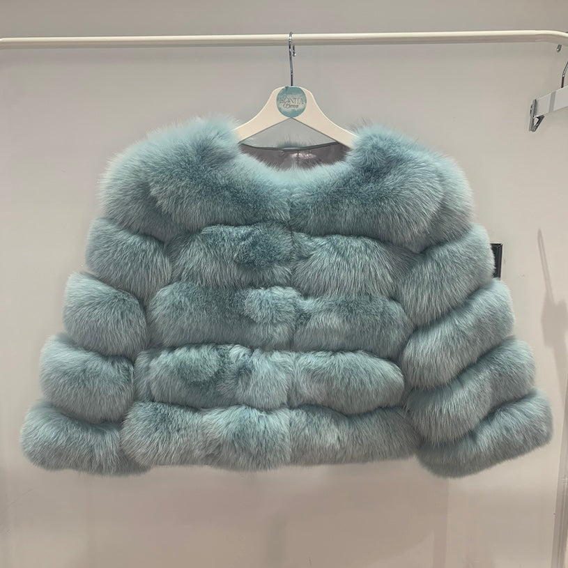 ‘Sky Blue’ Premium 5 Row Cropped Sleeve Fox Fur Coat (10/18 Day Delivery)