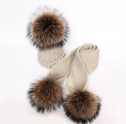 Adults Genuine Raccoon Fur Hat & Scarf Set (1/2 Week Delivery)