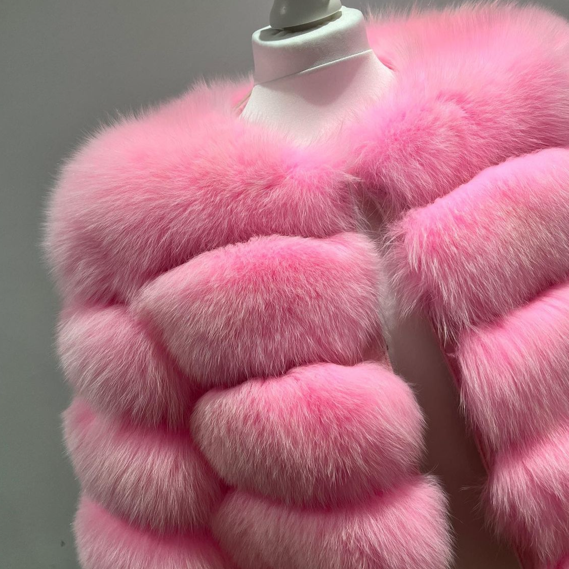 ‘Candy Floss Pink’ Premium 5 Row Cropped Sleeve Fox Fur Coat (10/18 Day Delivery)