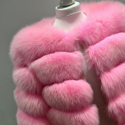 ‘Candy Floss Pink’ Premium 5 Row Cropped Sleeve Fox Fur Coat (10/18 Day Delivery)