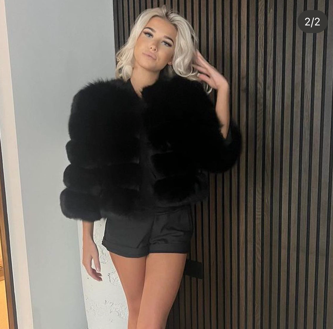 ‘Black’ Premium 5 Row Cropped Sleeve Fox Fur Coat (10/18 Day Delivery)