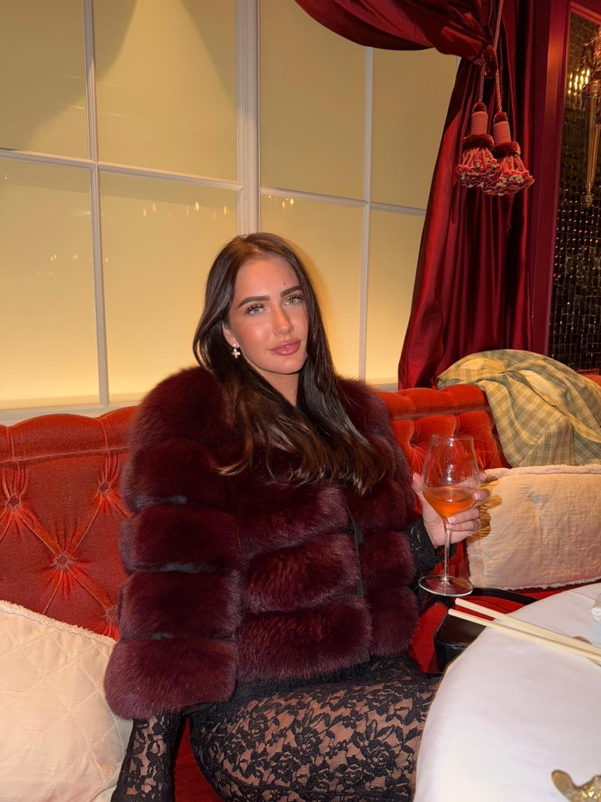 ‘Cherry Red’ Premium 5 Row Cropped Sleeve Fox Fur Coat (10/18 Day Delivery)