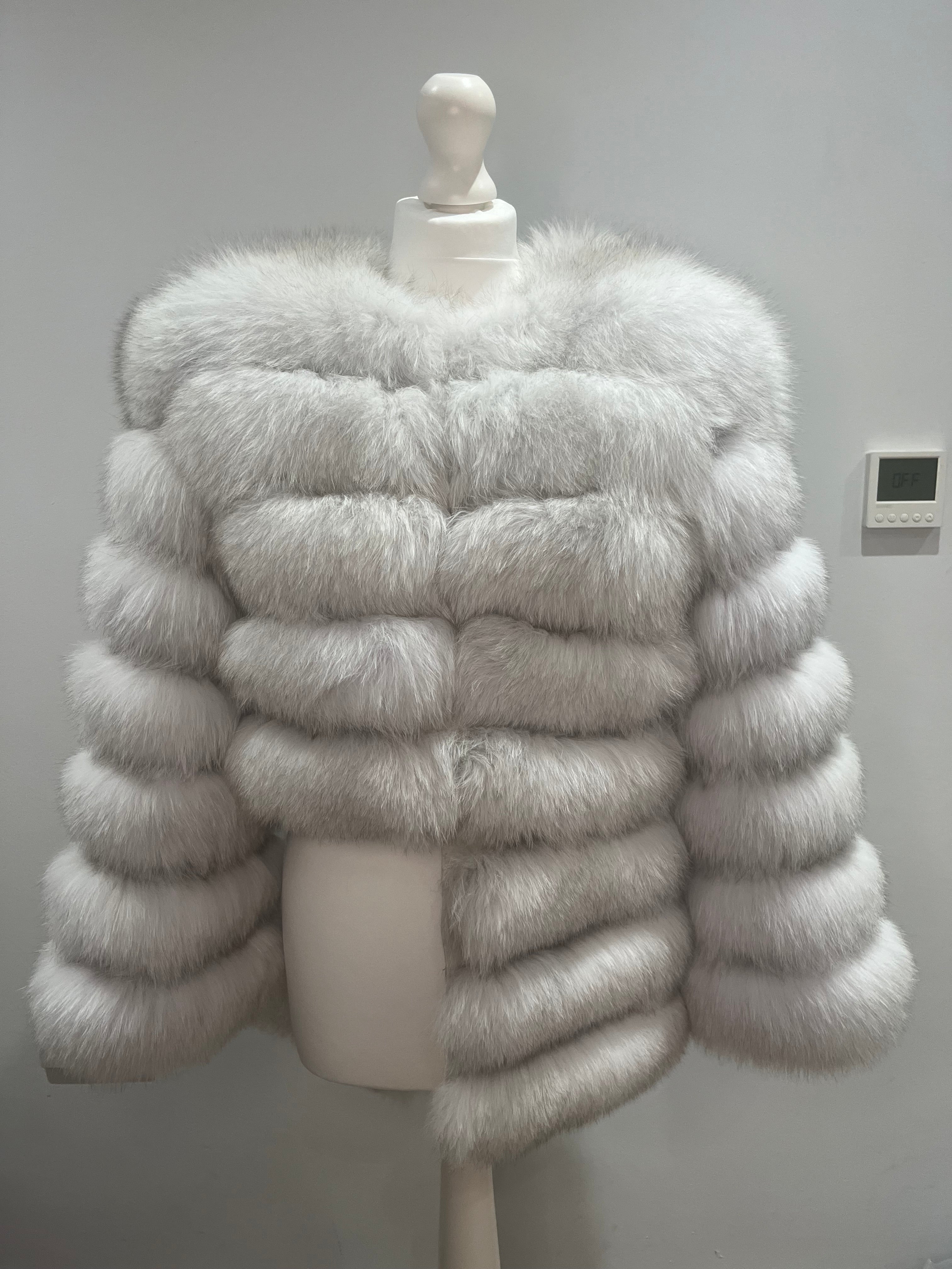 ‘Frost White’ Premium 8 Row Full Sleeve Fox Fur Coat (10/18 Day Delivery)