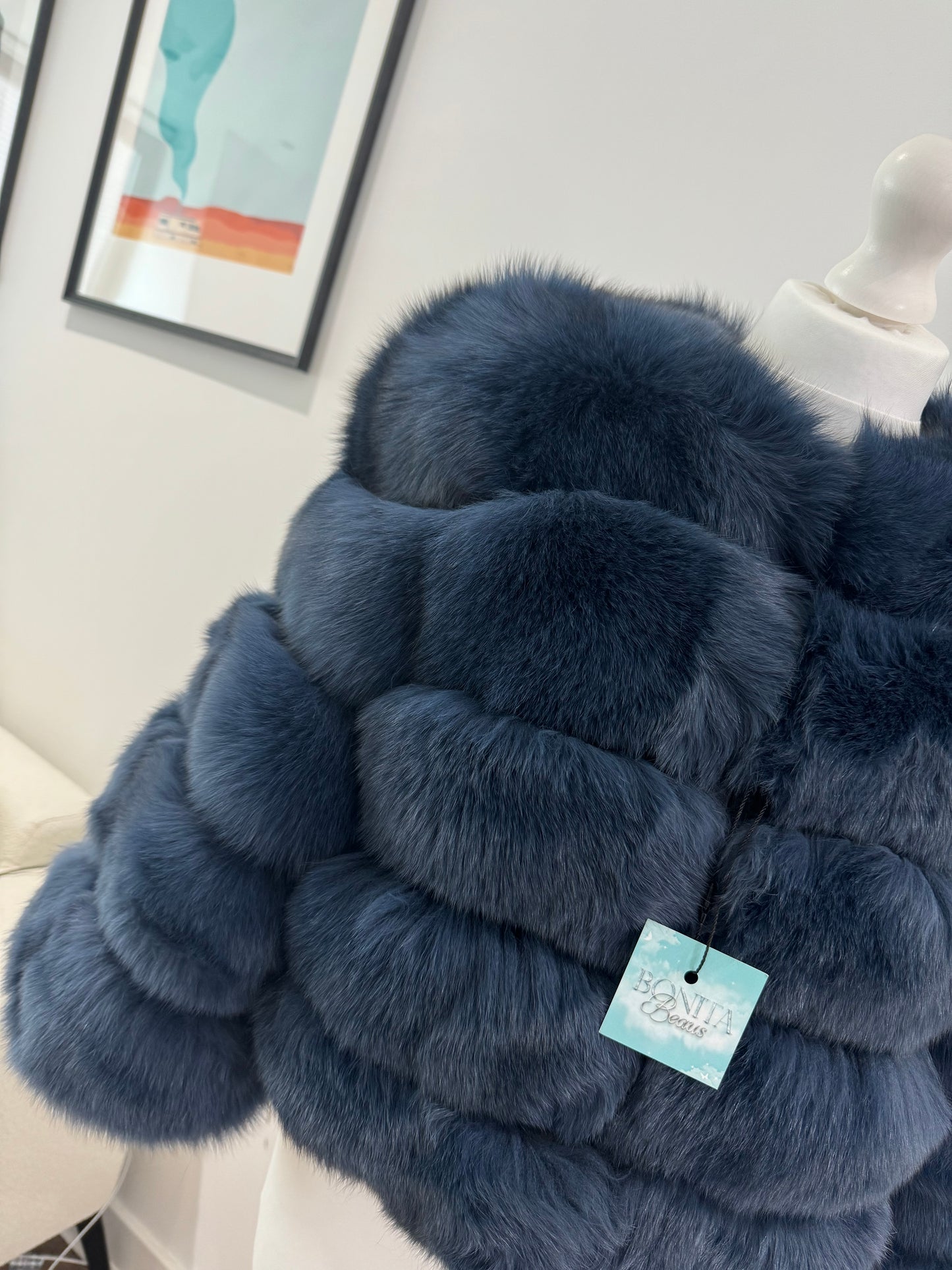 ‘Navy Blue’ Premium 5 Row Cropped Sleeve Fox Fur Coat (10/18 Day Delivery)