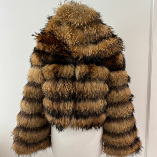 Hooded Raccoon Full Sleeve Fur Coat (10/18 Day Delivery)