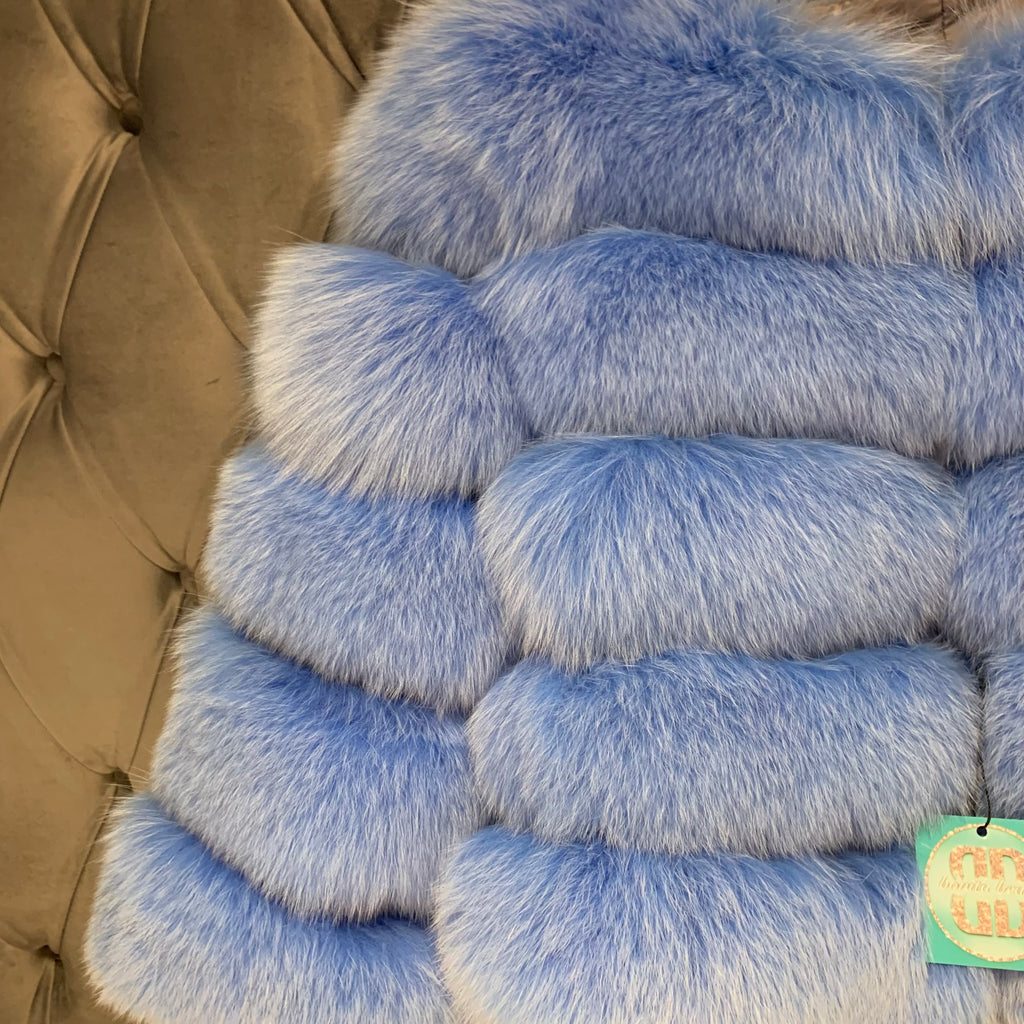 ‘Bubblegum Blue’ Premium 5 Row Cropped Sleeve Fox Fur Coat (10/18 Day Delivery)
