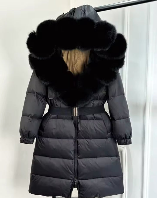 ‘Annalise’ Long Belted Hooded Fox Fur Puffer Jacket