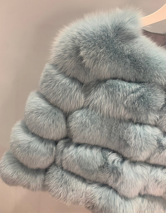 ‘Sky Blue’ Premium 8 Row Full Sleeve Fox Fur Coat (10/18 Day Delivery)