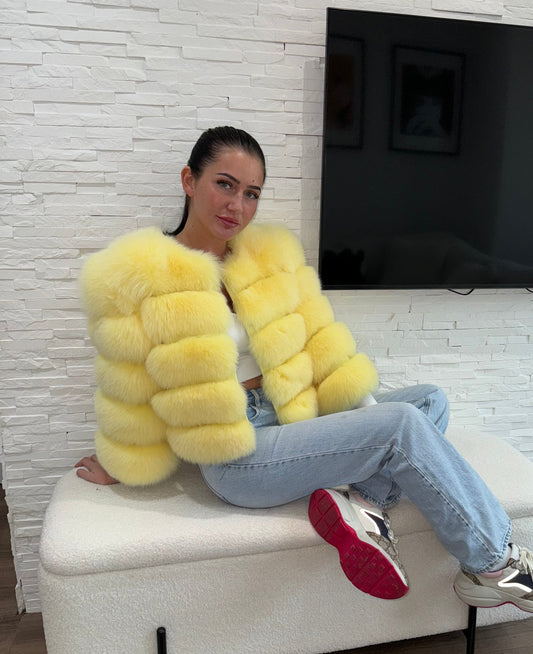 ‘Yellow’ Premium 5 Row Cropped Sleeve Fox Fur Coat (10/18 Day Delivery)