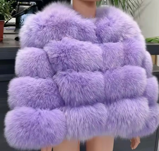 ‘Lilac’ Premium 5 Row Cropped Sleeve Fox Fur Coat (10/18 Day Delivery)