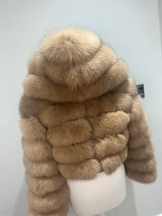 ‘Deep Camel’ Premium Hooded Full Sleeve Fox Fur Coat (10/18 Day Delivery)