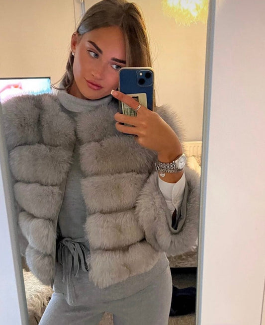 ‘Lightest Grey’ Premium 5 Row Cropped Sleeve Fox Fur Coat (10/18 Day Delivery)