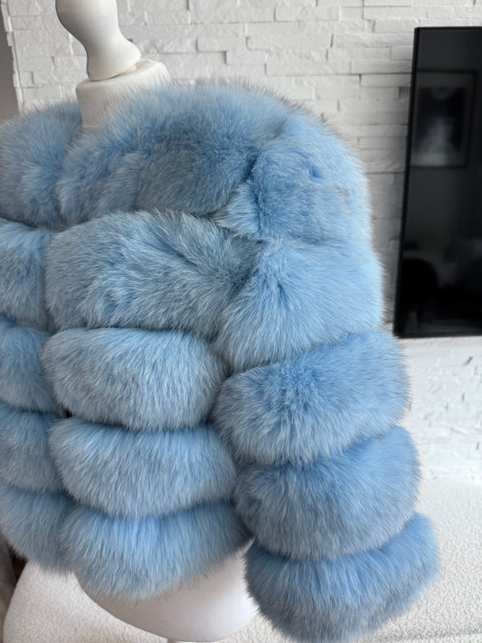 ‘Powder Blue’ Premium 5 Row Cropped Sleeve Fox Fur Coat (10/18 Day Delivery)