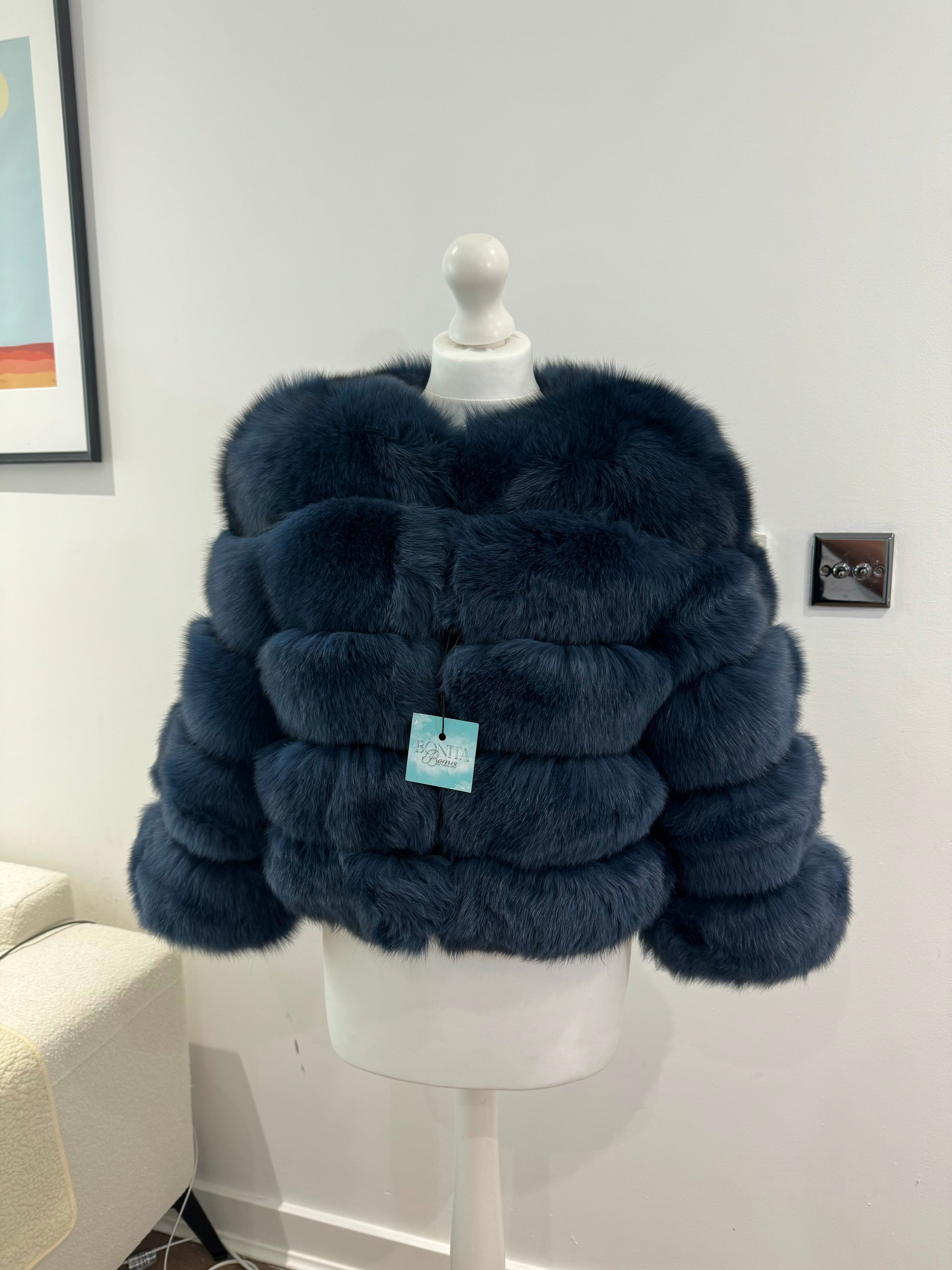‘Navy Blue’ Premium 5 Row Cropped Sleeve Fox Fur Coat (10/18 Day Delivery)