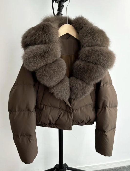 ‘Rosalina’ Real Fox Fur Collar Cropped Body Puffer Jacket