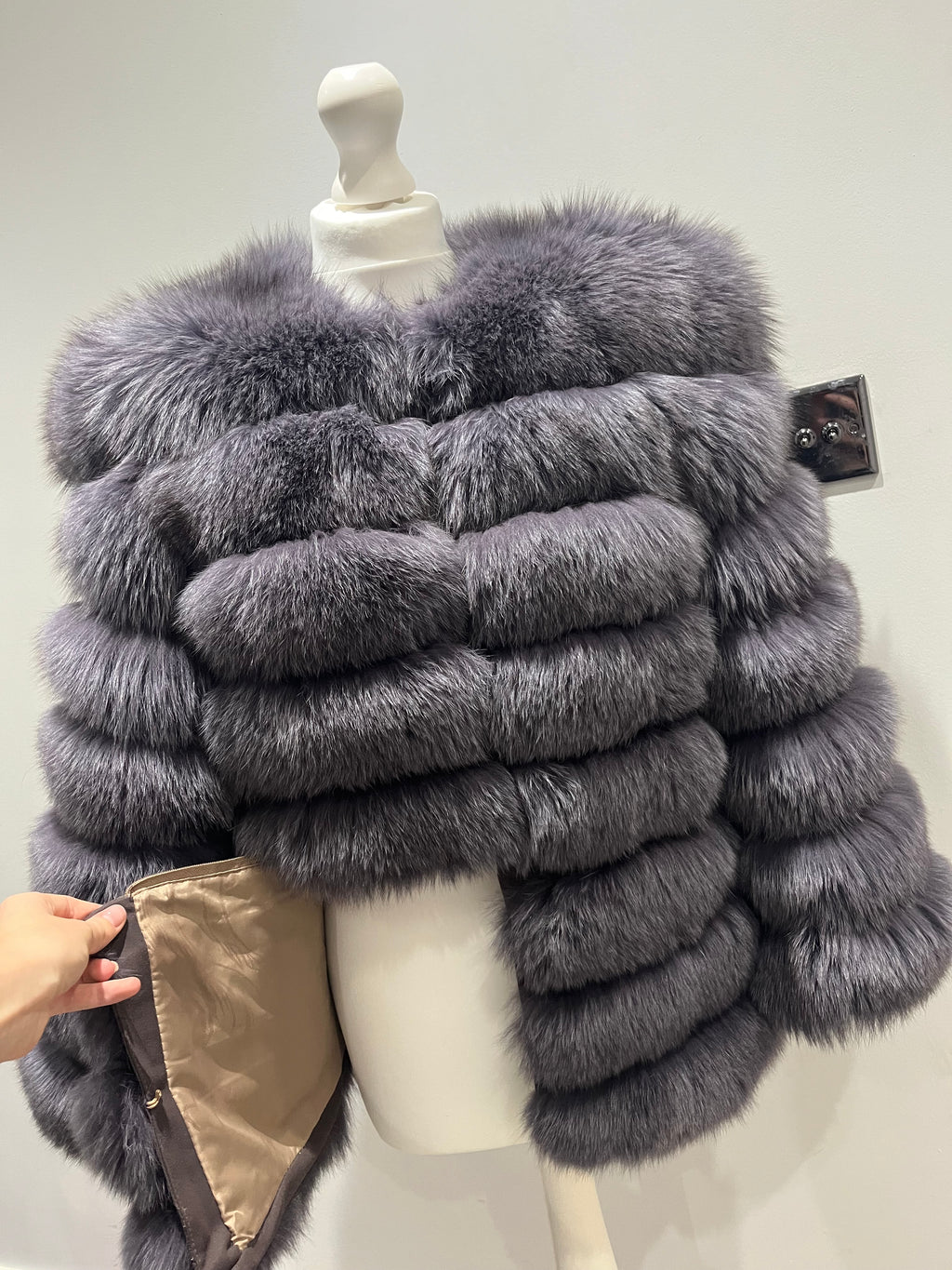 ‘Medium Grey’ Premium 8 Row Full Sleeve Fox Fur Coat (10/18 Day Delivery)