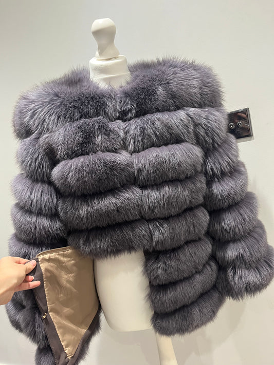 ‘Medium Grey’ Premium 8 Row Full Sleeve Fox Fur Coat (10/18 Day Delivery)