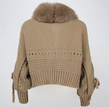 Fox Fur Trim Knitted Cardigan