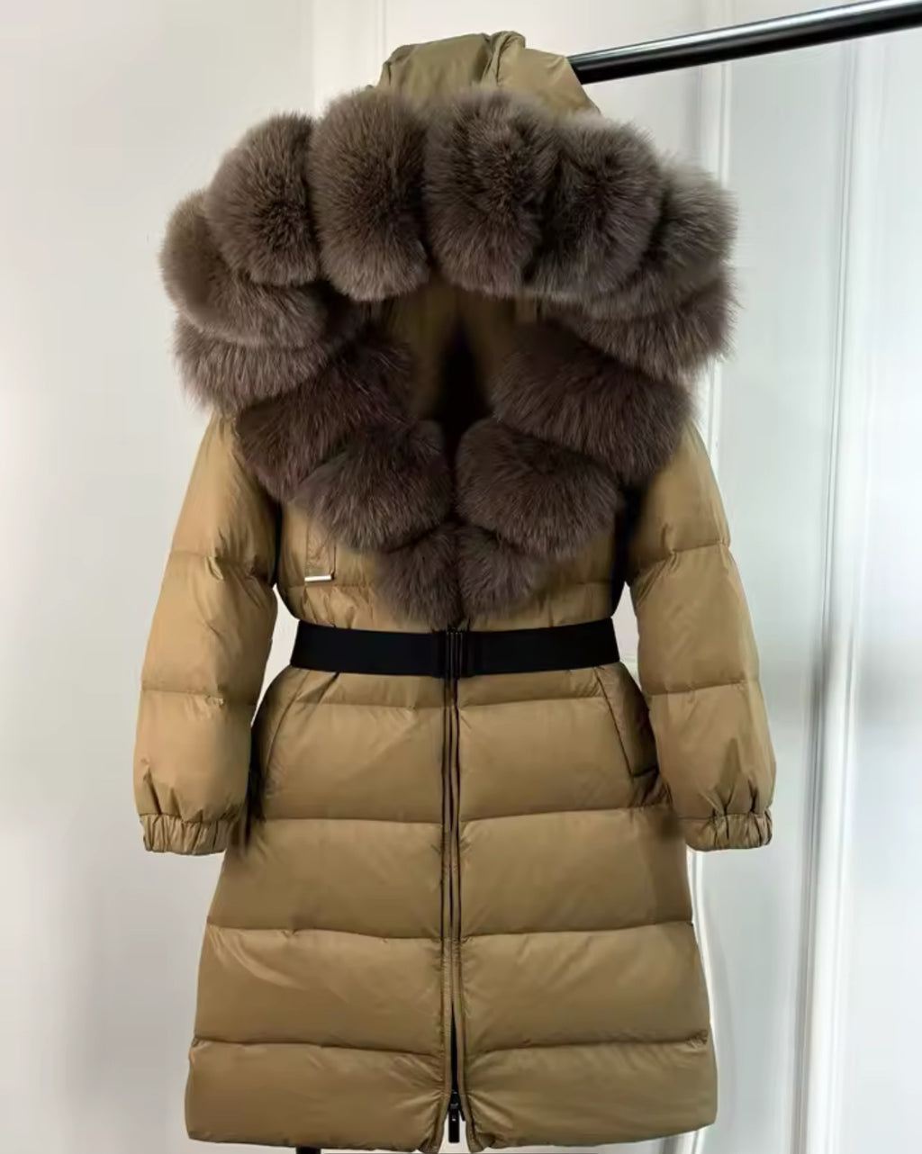 ‘Annalise’ Long Belted Hooded Fox Fur Puffer Jacket