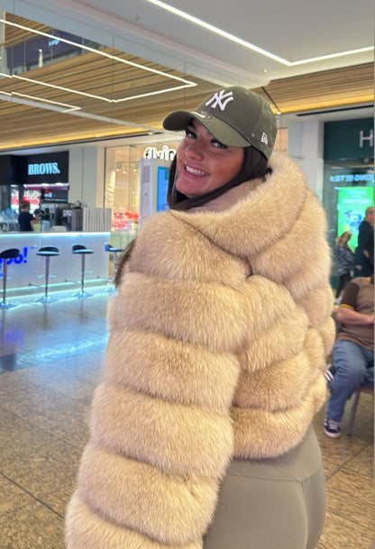 ‘Beige’ Premium Hooded Full Sleeve Fox Fur Coat (10/18 Day Delivery)