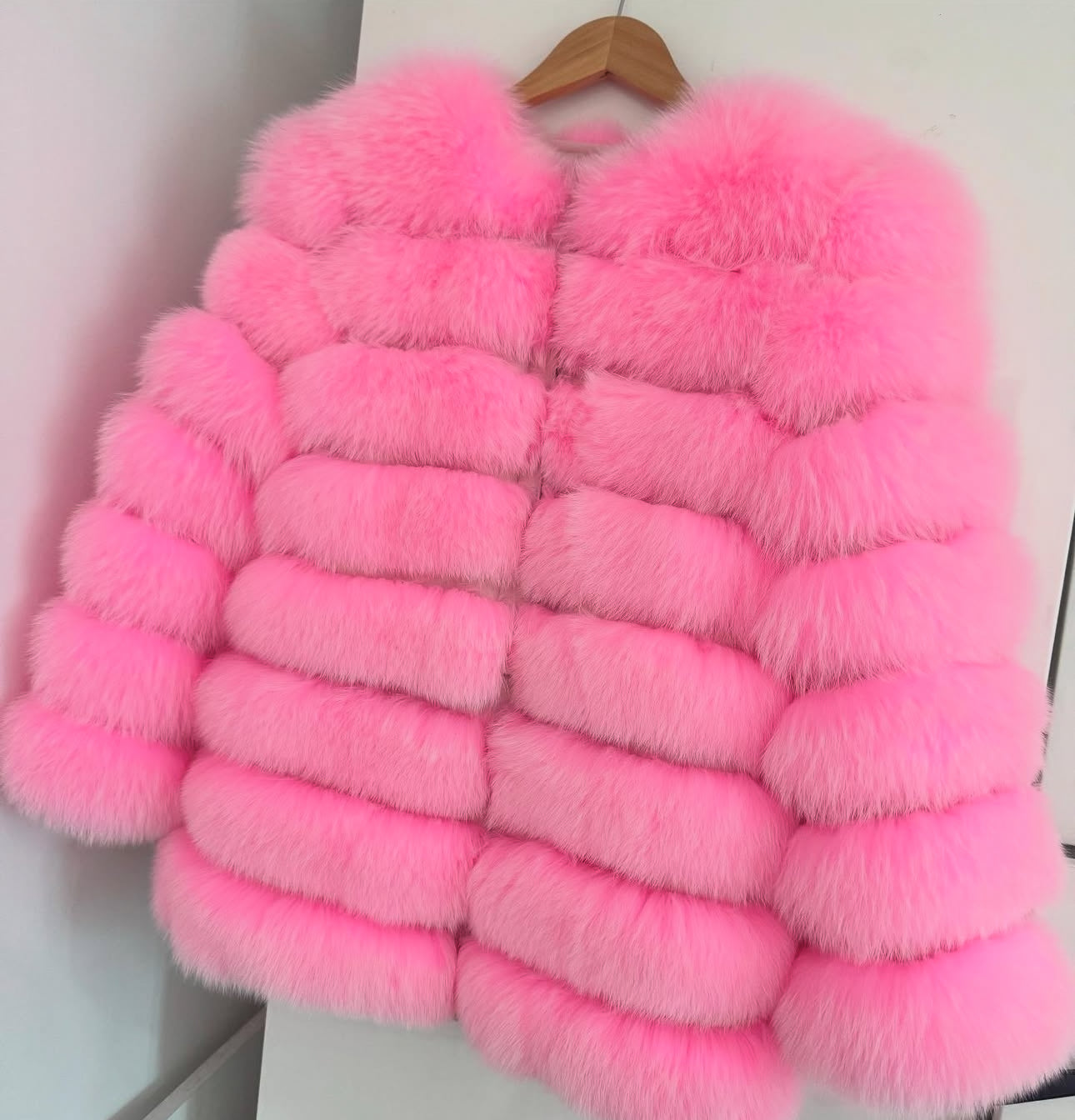 ‘Candy Floss Pink’ Premium 8 Row Full Sleeve Fox Fur Coat (10/18 Day Delivery)