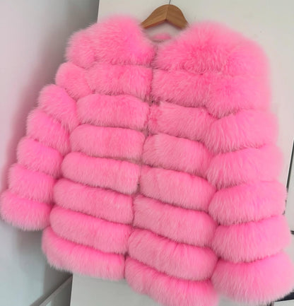 ‘Candy Floss Pink’ Premium 8 Row Full Sleeve Fox Fur Coat (10/18 Day Delivery)