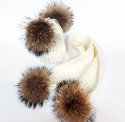 Kids Genuine Raccoon Fur Hat & Scarf Set (1/2 Week Delivery)