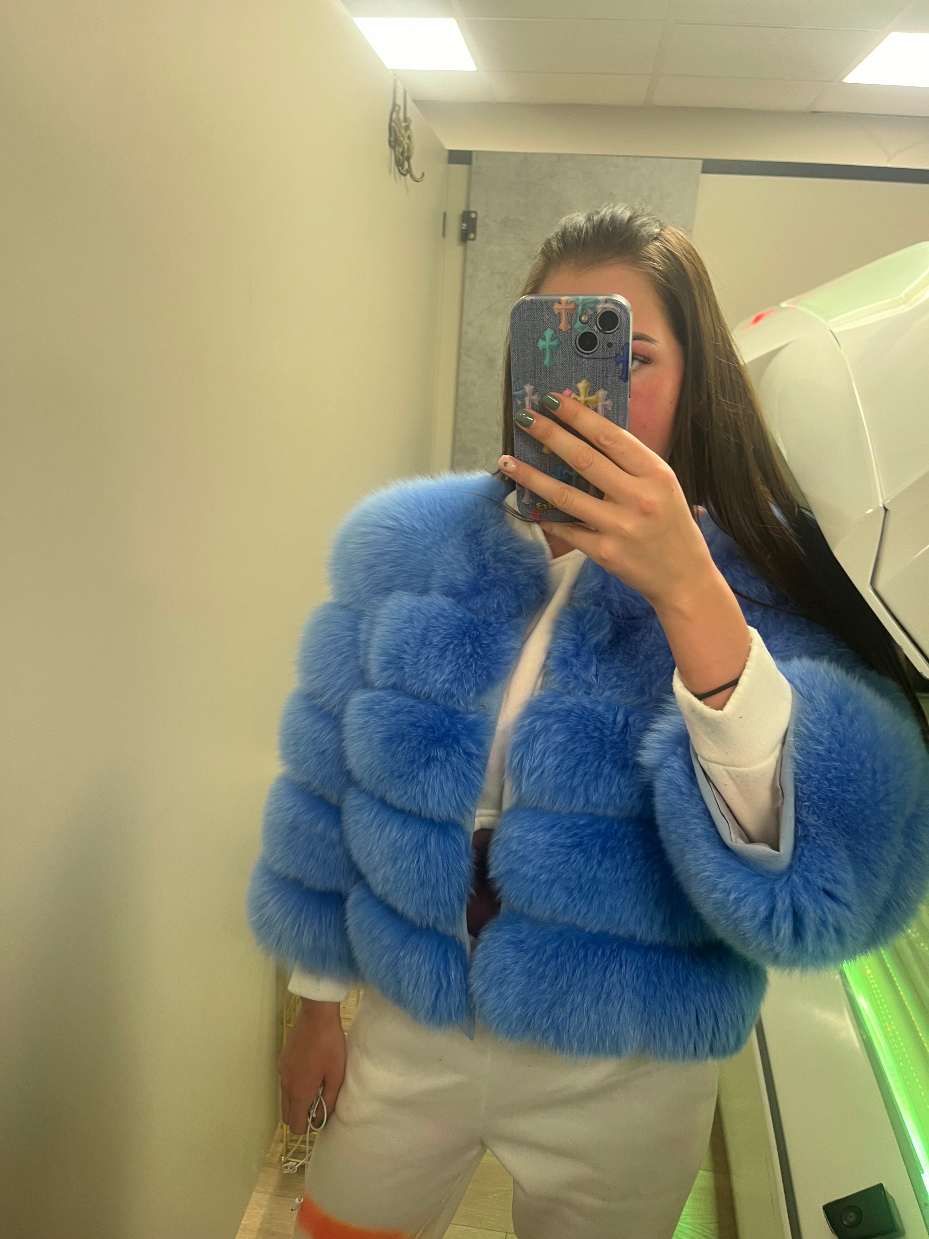 ‘Bubblegum Blue’ Premium 5 Row Cropped Sleeve Fox Fur Coat (10/18 Day Delivery)