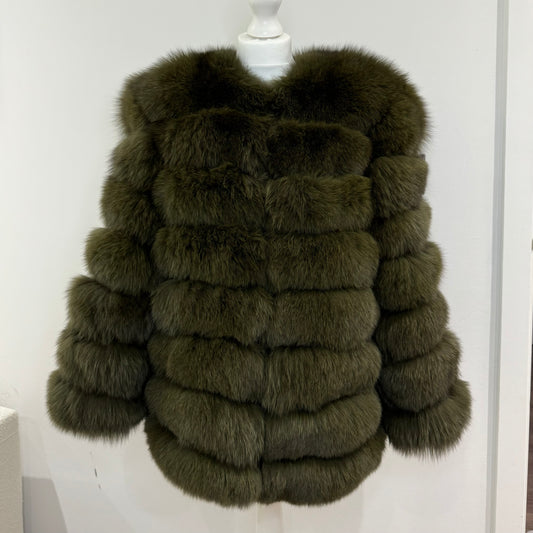 ‘Khaki’ Premium 8 Row Full Sleeve Fox Fur Coat (10/18 Day Delivery)
