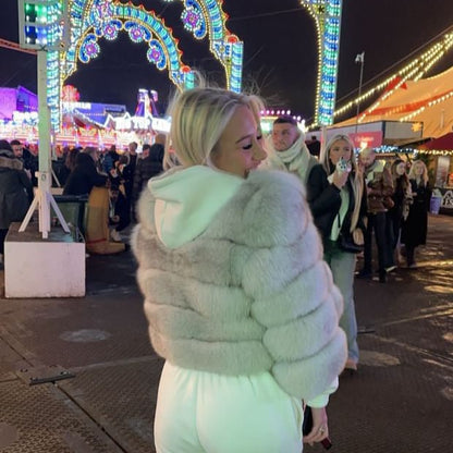 ‘Lightest Grey’ Premium 5 Row Cropped Sleeve Fox Fur Coat (10/18 Day Delivery)