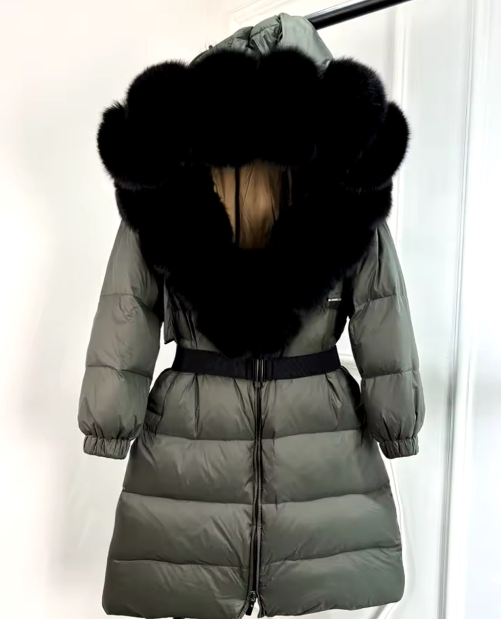 ‘Annalise’ Long Belted Hooded Fox Fur Puffer Jacket