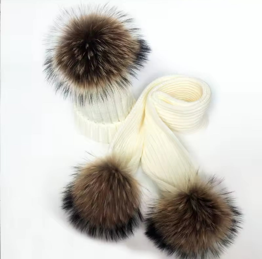 Adults Genuine Raccoon Fur Hat & Scarf Set (1/2 Week Delivery)