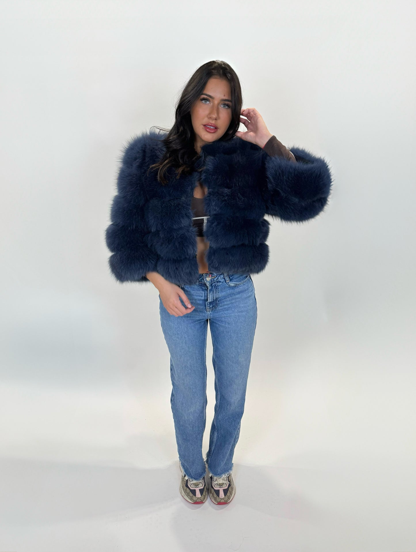‘Navy Blue’ Premium 5 Row Cropped Sleeve Fox Fur Coat (10/18 Day Delivery)