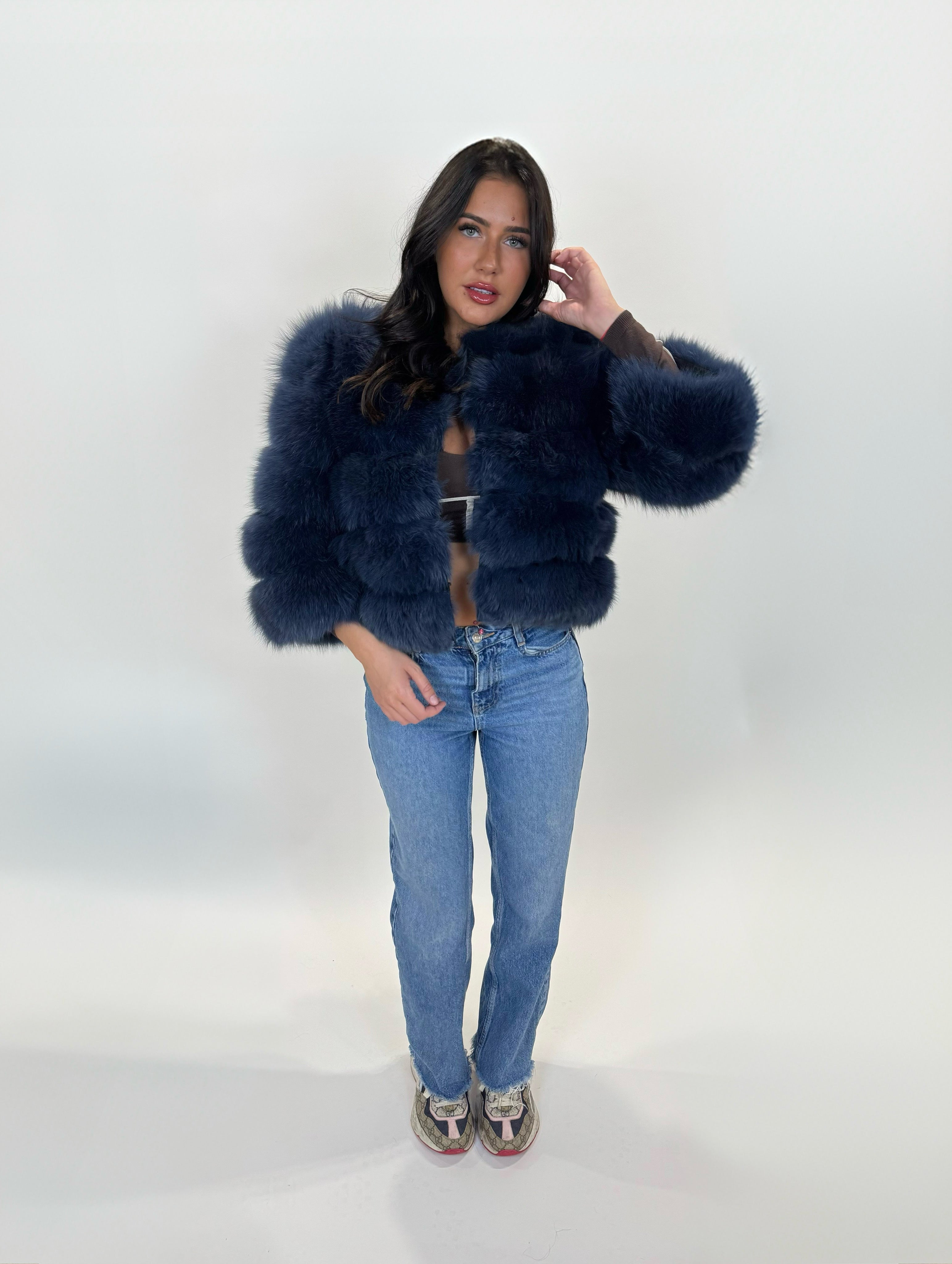 ‘Navy Blue’ Premium 5 Row Cropped Sleeve Fox Fur Coat (10/18 Day Delivery)