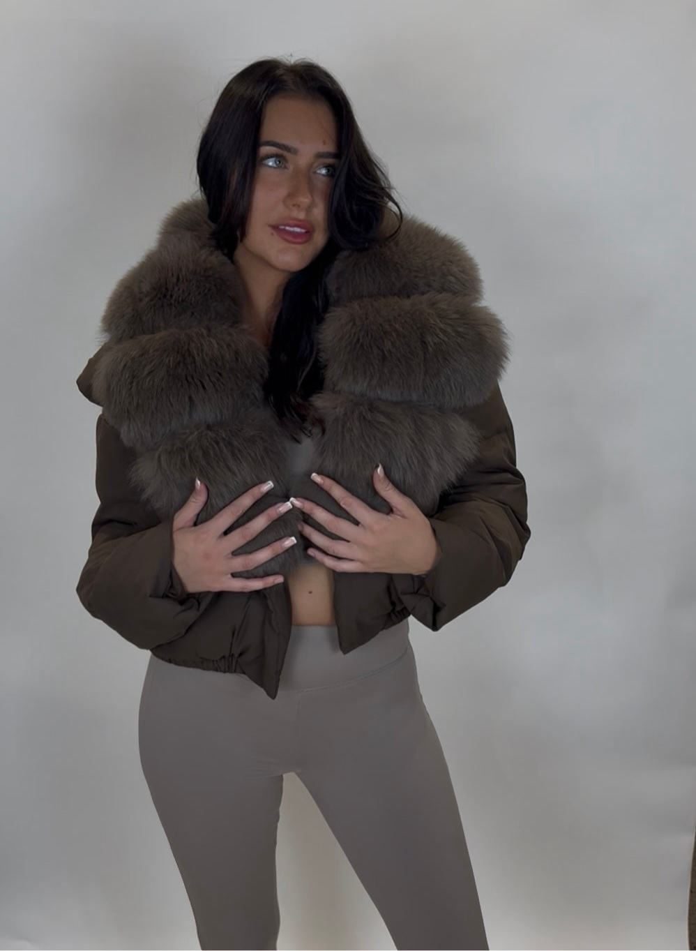 ‘Rosalina’ Cropped All Brown Fox Fur Puffer Jacket (1/2 day delivery)