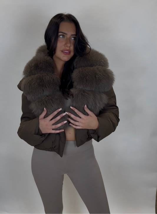 ‘Rosalina’ Cropped All Brown Fox Fur Puffer Jacket (1/2 day delivery)