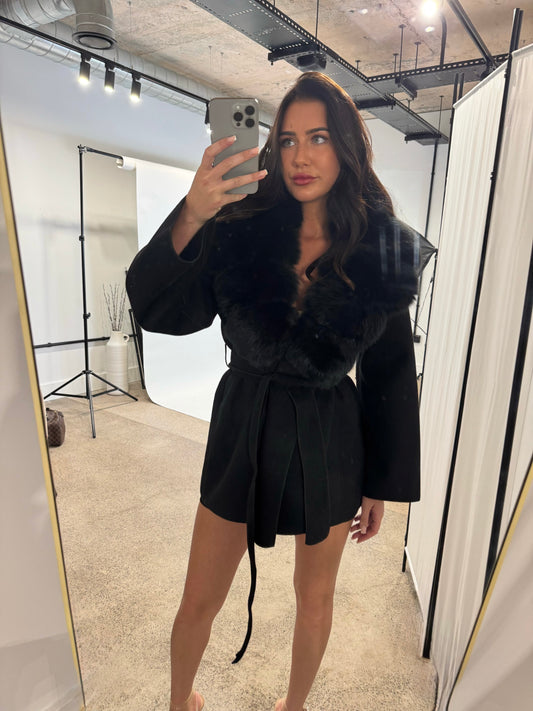 ‘Dolcie’ Black Short Fox Fur Trim Coat (1/2 Day Delivery)