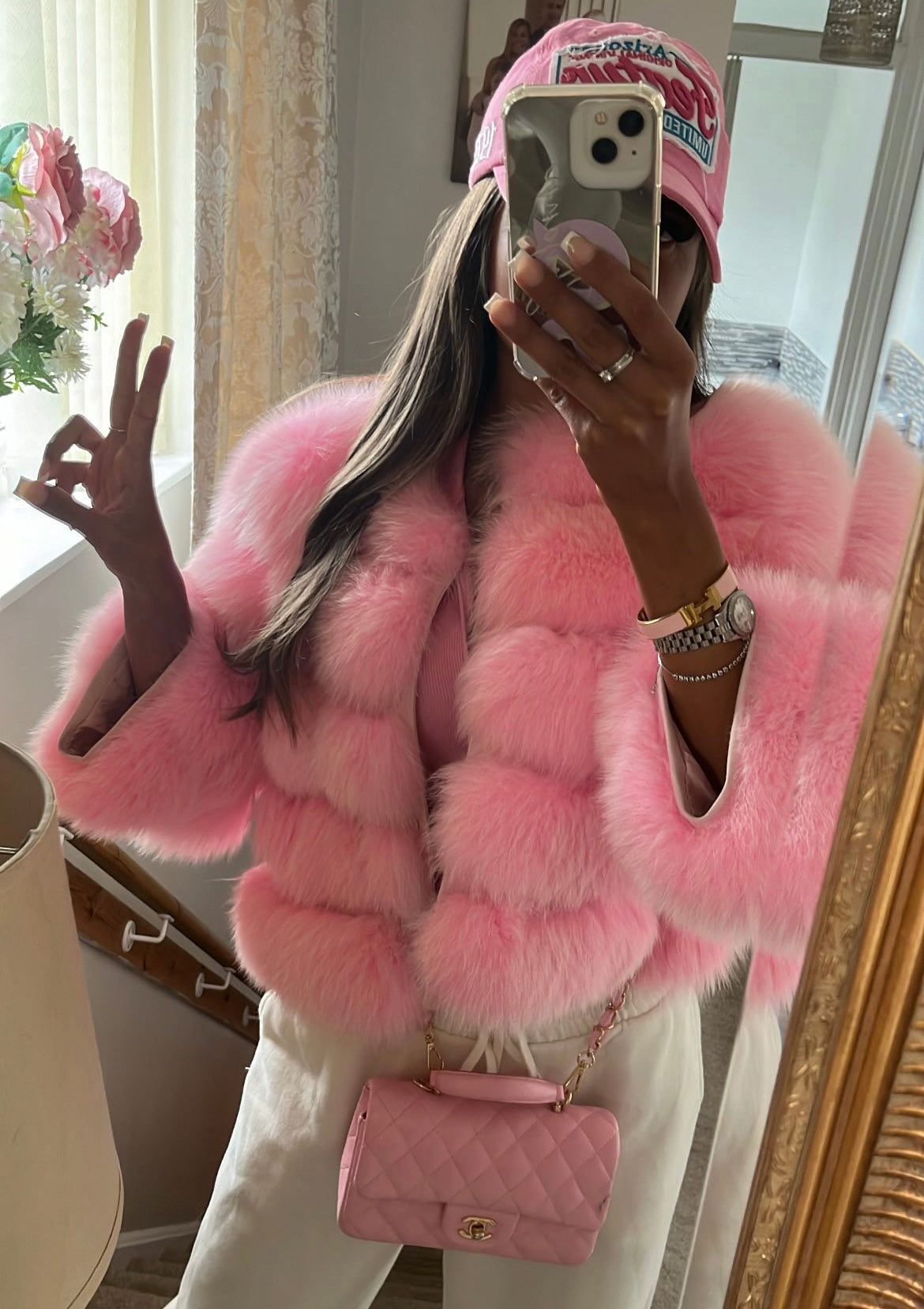 ‘Candy Floss Pink’ Premium 5 Row Cropped Sleeve Fox Fur Coat (10/18 Day Delivery)